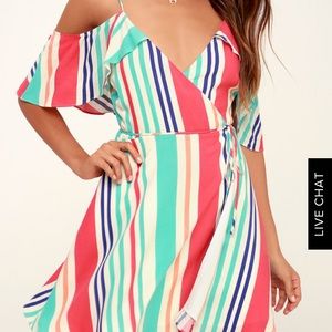 Multi-colored off the shoulder wrap dress
